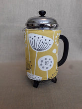 Load image into Gallery viewer, Cafetiere/French Press Coffee Pot Cosy in Scandi Mustard and Grey Fabric.  .
