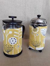 Load image into Gallery viewer, Cafetiere/French Press Coffee Pot Cosy in Scandi Mustard and Grey Fabric.  .
